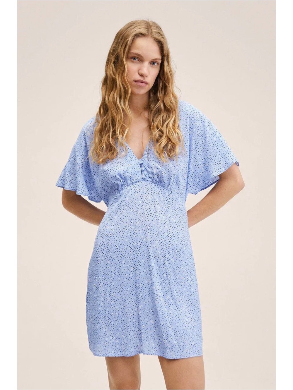 Mango Woman Blue Dainty Floral V-Neck Tie Waist Flutter Sleeve Mini Dress MEDIUM
